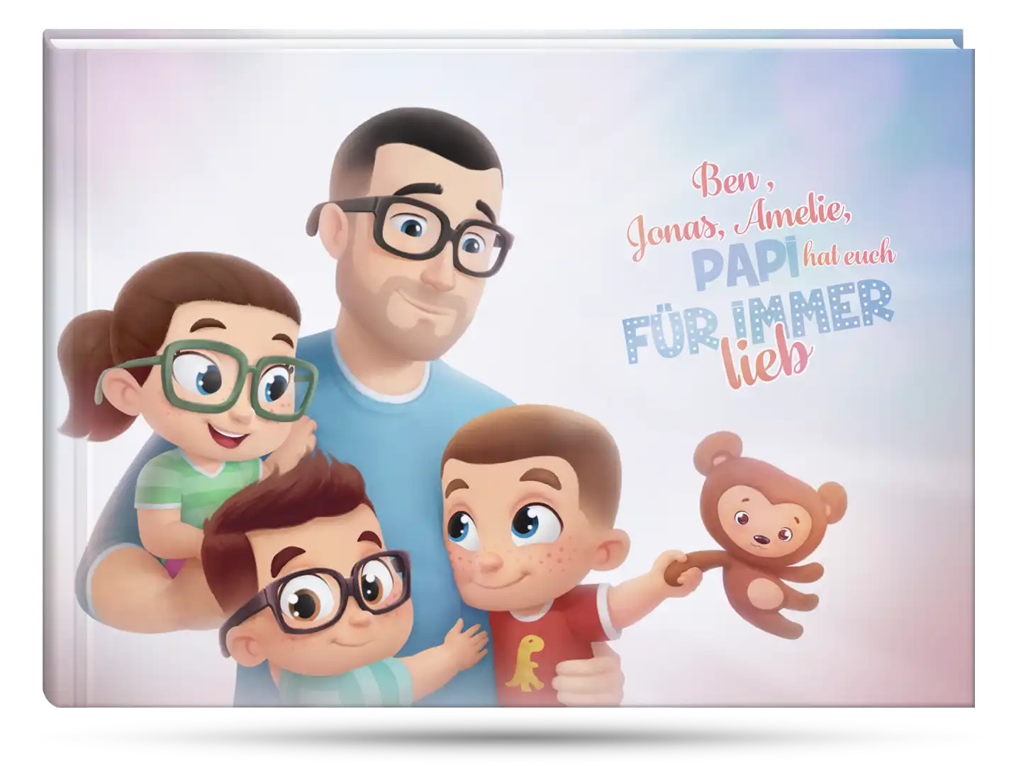 Das Cover für das personalisierte Buch für Papas mit 3 Kindern, das beste Geschenk zum Vatertag. 