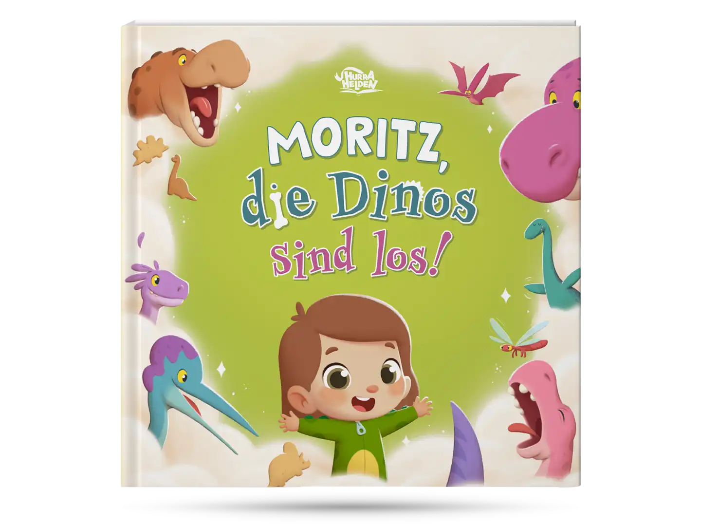 Das Buchcover von "Moritz, die Dinos sind los" und die farbenfrohen Illustrationen, die verschiedene Abenteuer mit Dinosauriern zeigen.